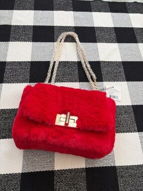 Jelavu Designer Red Faux Fur Chain Crossbody and Shoulder Bag